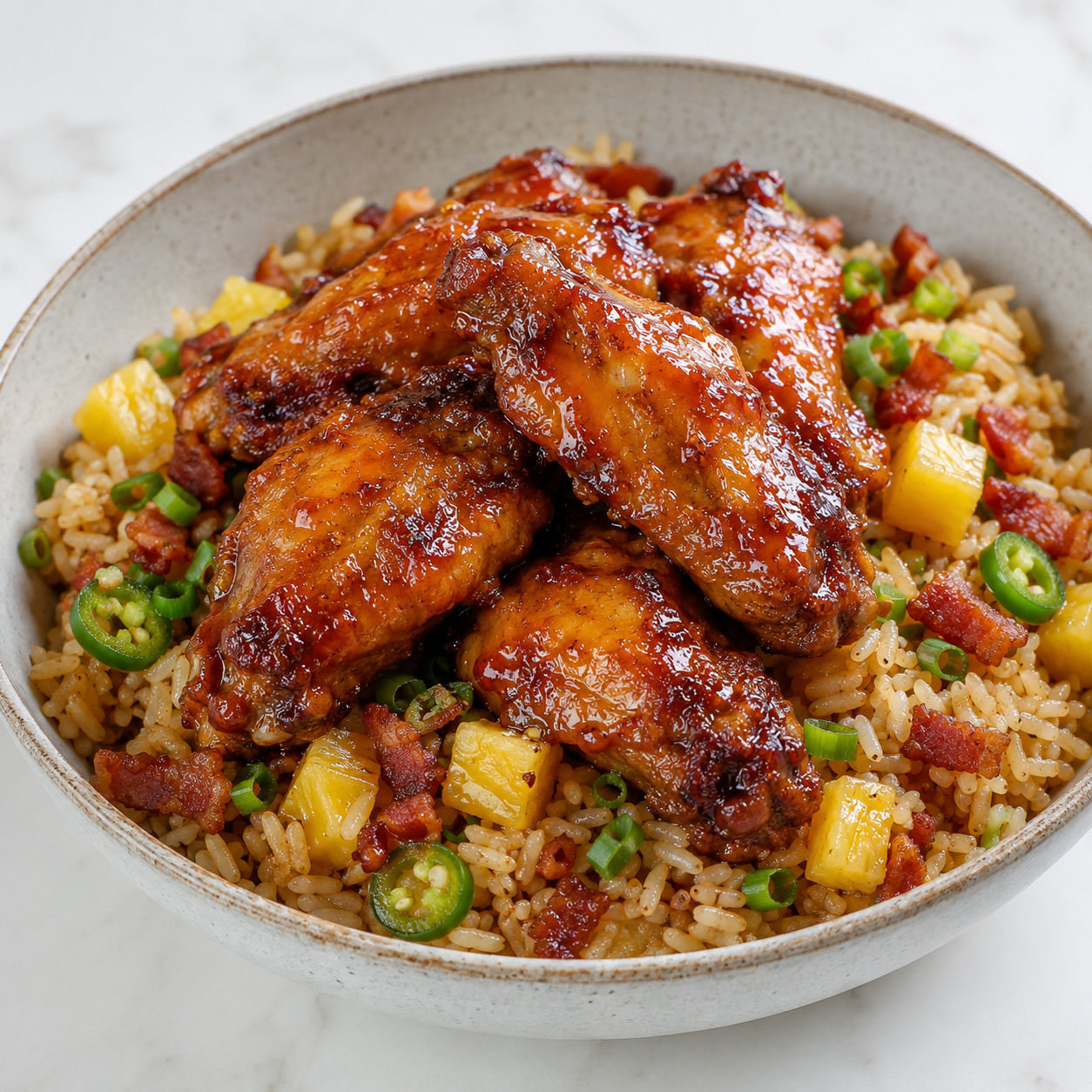 Sticky pineapple jalapeño wings over bacon fried rice with lime