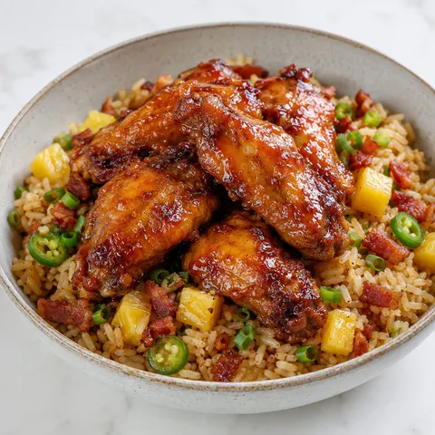 Sticky pineapple jalapeño wings over bacon fried rice with lime