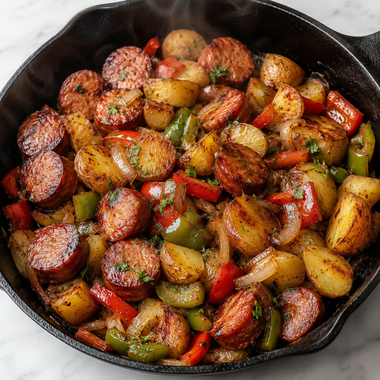 Smoked sausage and potatoes skillet with peppers and parsley