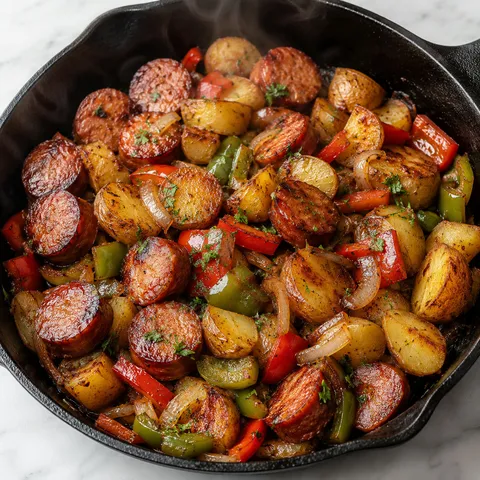 Smoked sausage and potatoes skillet with peppers and parsley