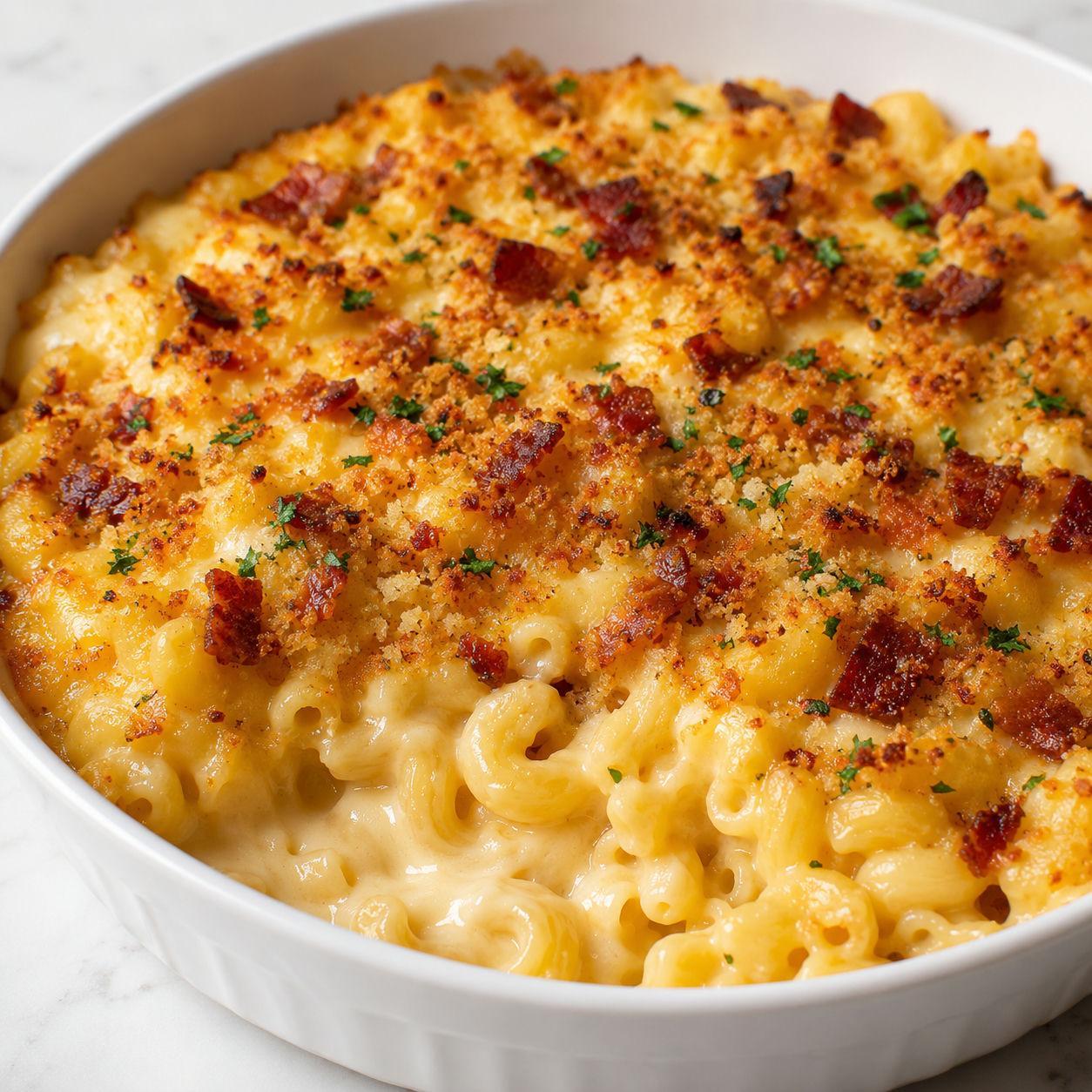 Baked five cheese mac and cheese with bacon and golden panko topping