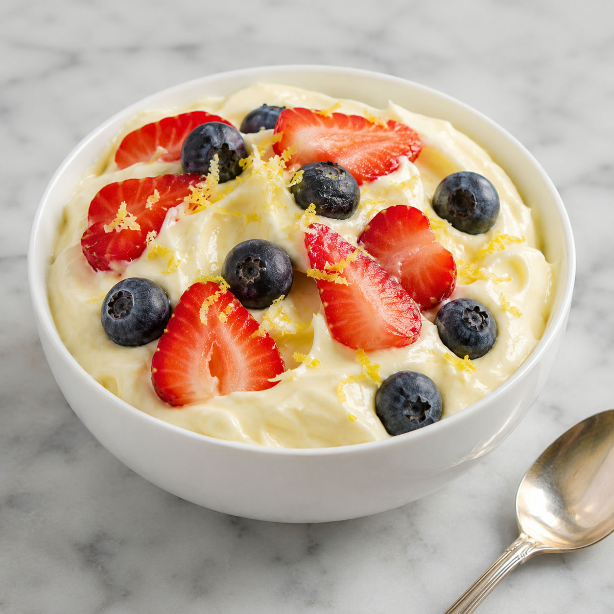 Zero-Point Fat Bomb Fluff with berries in a white dessert bowl