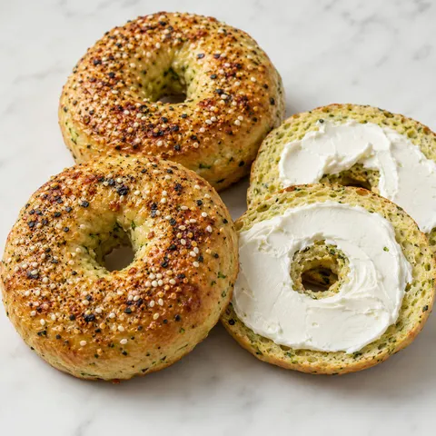 Golden keto zucchini bagels with everything seasoning and cream cheese