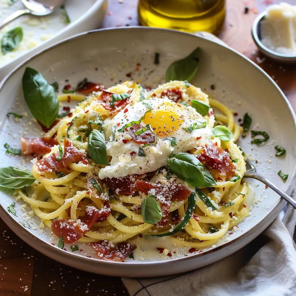 Zucchini Carbonara with Prosciutto and Burrata