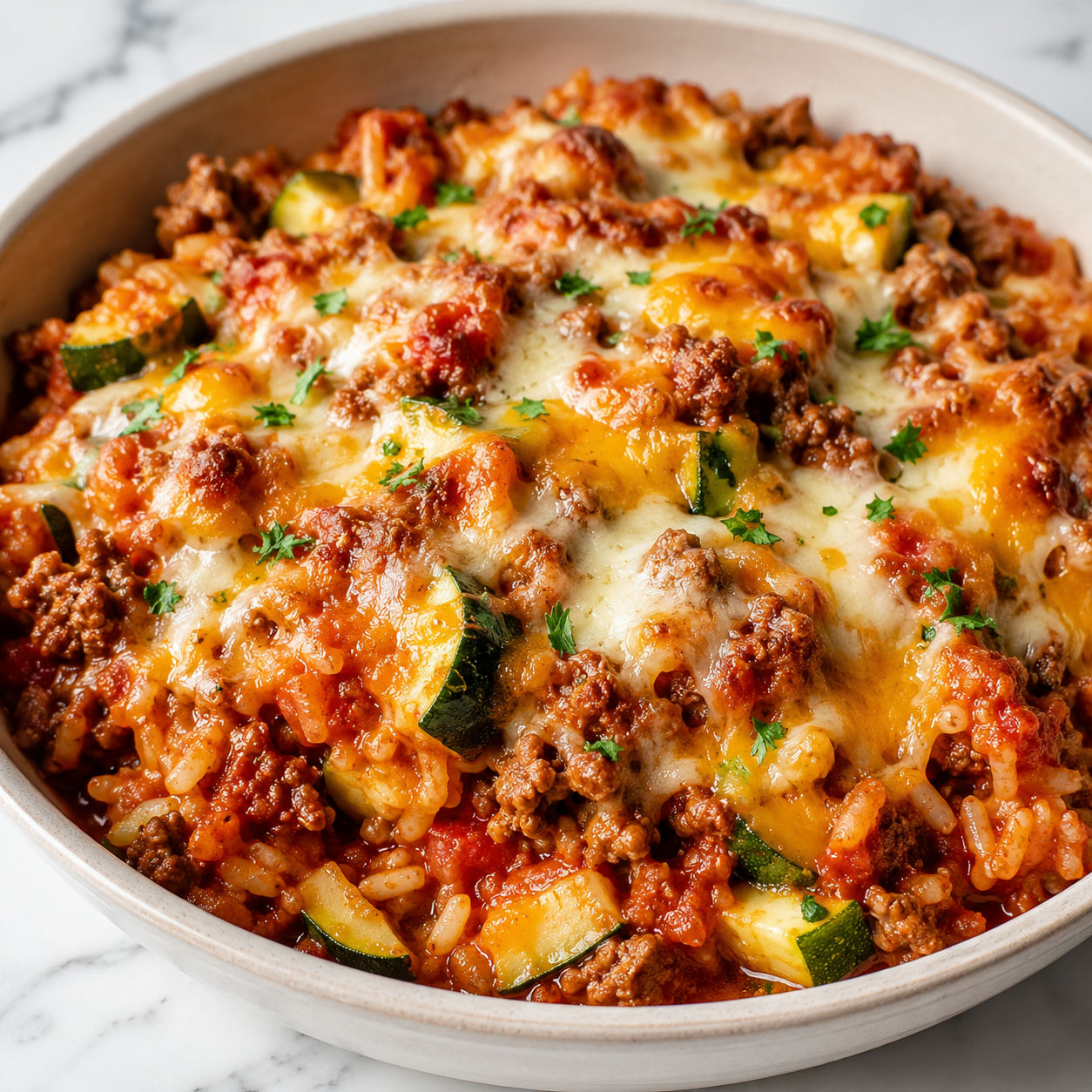 Zucchini hamburger casserole with beef, rice, tomatoes, and melted cheese