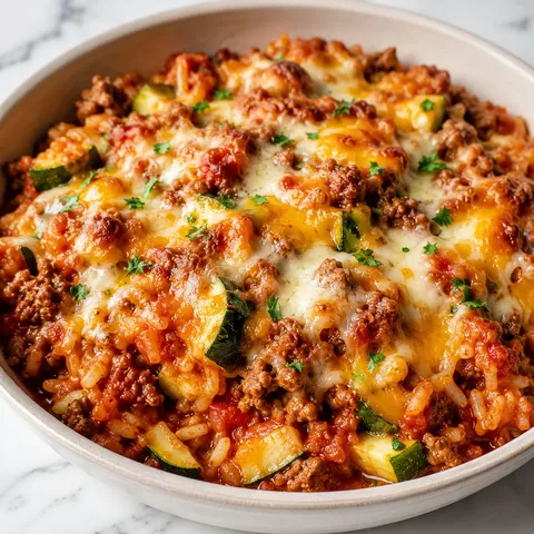 Zucchini hamburger casserole with beef, rice, tomatoes, and melted cheese