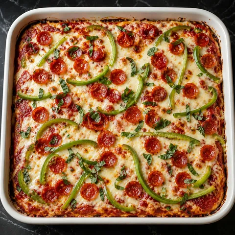 Zucchini Pizza Casserole with mozzarella, pepperoni, peppers, and basil