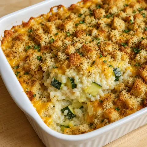 Zucchini rice casserole with golden stuffing topping and cheddar