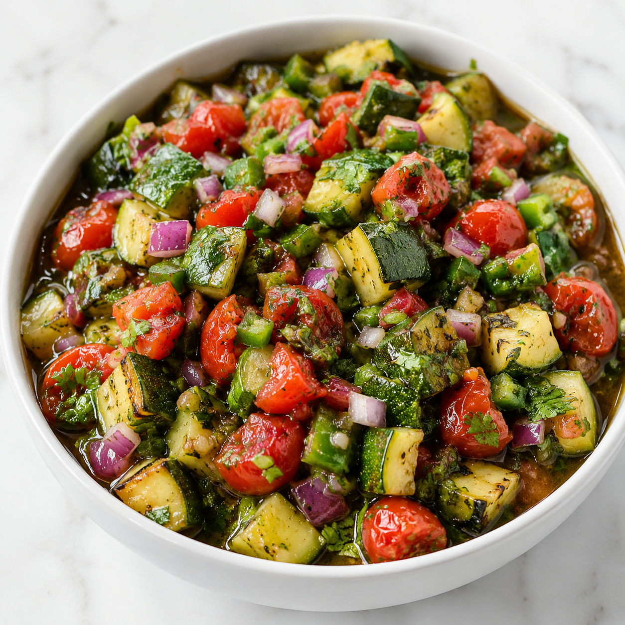 Zucchini salsa with tomatoes, cilantro, lime, and tortilla chips