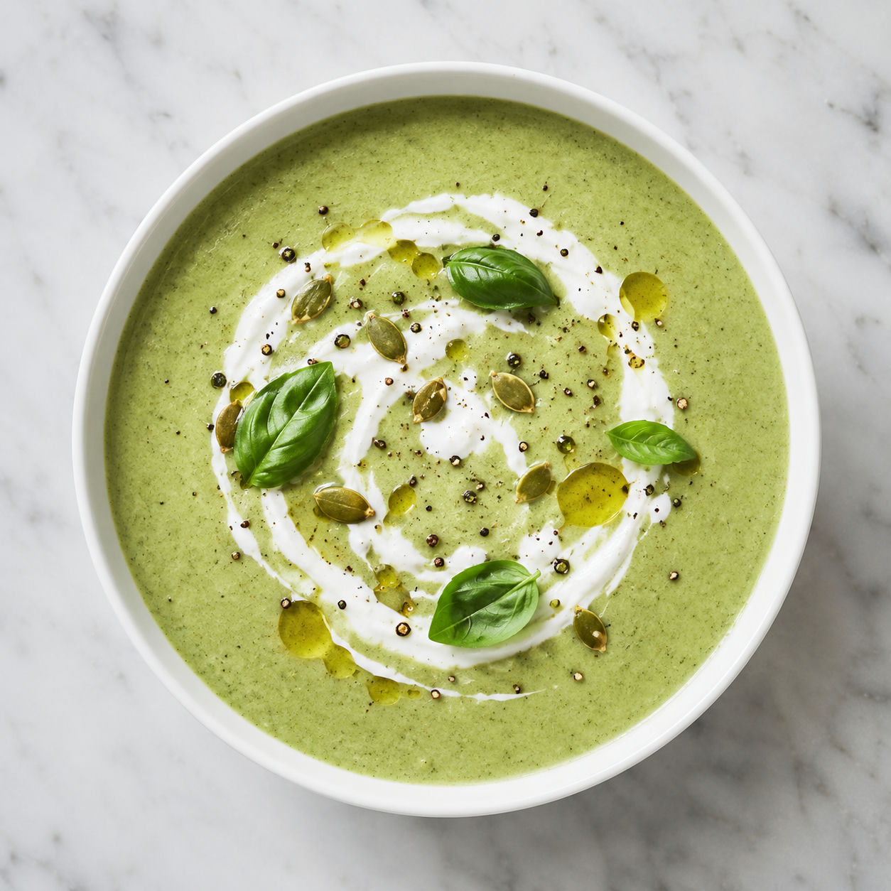 Creamy zucchini soup with basil, yogurt, olive oil, and pumpkin seeds