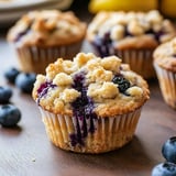 A cupcake with blueberry filling and a crumb topping.