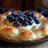 A delicious dessert with blueberries and cream on top.