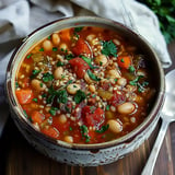 A bowl of soup with beans, tomatoes, and carrots.