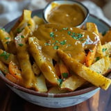 A bowl of fries with a brown sauce on top.