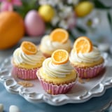 Three cupcakes with orange slices on top.