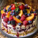 A slice of cake with blueberries and strawberries on top.