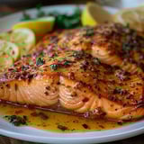 A plate of fish with lemon wedges on top.