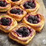 A plate of pastries with blackberries on top.