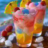 Two glasses of fruit punch with pineapple, strawberries, and marshmallows.
