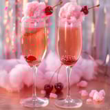 Two glasses of pink drink with cherries on top.