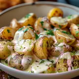 A bowl of food with potatoes and cheese.