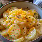 A bowl of food with cheese and herbs.