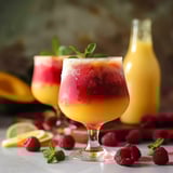 Two glasses of red and yellow drinks with raspberries on a table.