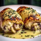 Stuffed chicken filled with mushrooms and cheese with golden garlic butter, plated on white.
