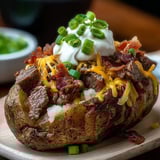 A baked potato loaded with steak bites and melted cheese.