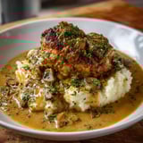 A plate of smothered meat and potatoes, served on a wooden table.