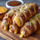 Two hot dogs covered in cheese and seasonings, sitting on a wooden cutting board.