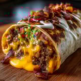 A loaded bacon burrito is served on a wooden platter.