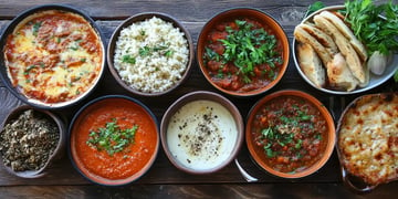 A variety of colorful dishes including stews, rice, yogurt, herbs, and bread are arranged on a wooden table.