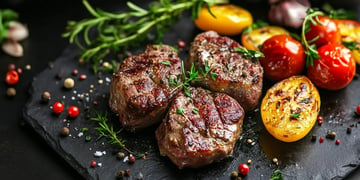 Grilled steak fillets with herbs and roasted tomatoes arranged on a slate platter.