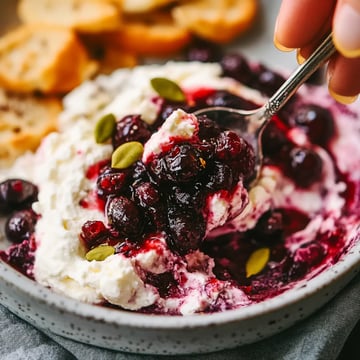 A close-up image of a bowl containing creamy cheese topped with dark berries and pumpkin seeds, with sliced bread in the background.