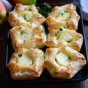 A tray of six golden-brown pastry puffs filled with cheese and topped with diced green herbs.