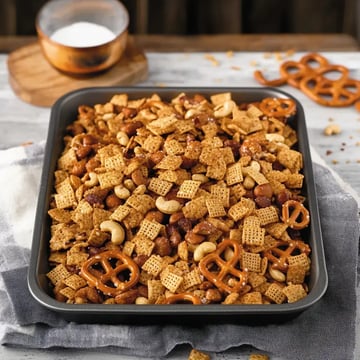 A tray filled with a crunchy snack mix, featuring cereal, nuts, and pretzels, with a small bowl of salt in the background.