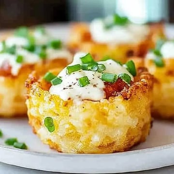 A close-up of crispy, golden-brown potato cups topped with creamy sauce and green onions.