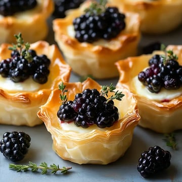 A close-up of delicate pastry cups filled with creamy filling and topped with fresh blackberries and a sprig of thyme.