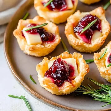 A plate of pastry cups filled with cheese and topped with a berry sauce, garnished with sprigs of rosemary.