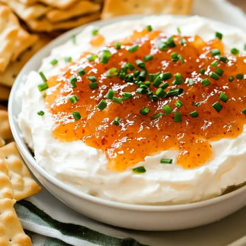 A bowl of creamy dip topped with orange jelly and chopped chives, surrounded by crisp crackers.