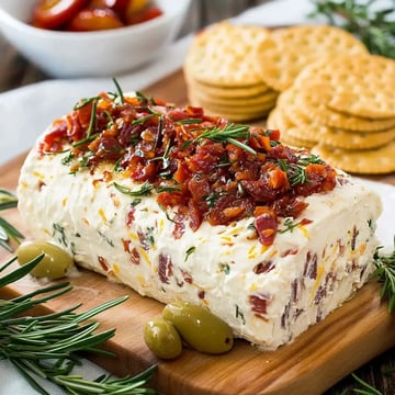 A log of cream cheese topped with chopped bacon and herbs, served alongside crackers and olives on a wooden board.