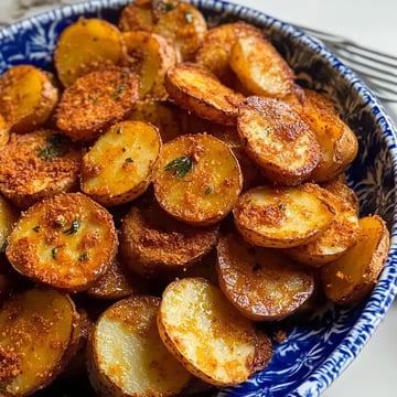 A close-up view of a bowl filled with golden-brown, crispy roasted potato slices garnished with herbs.