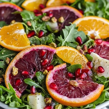 A vibrant salad featuring slices of blood oranges and oranges, garnished with pomegranate seeds and pistachios on a bed of arugula.