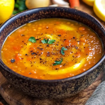 A bowl of thick, orange lentil soup garnished with black pepper and fresh parsley, surrounded by vegetables and lemon slices.