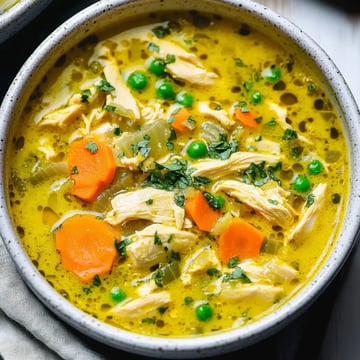 A close-up of a bowl of chicken soup with shredded chicken, carrots, peas, and green herbs in a flavorful broth.