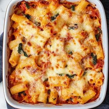 A baked pasta dish with rigatoni, marinara sauce, spinach, and melted cheese.