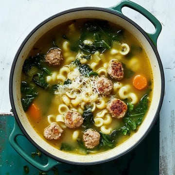 A pot of soup containing macaroni, meatballs, spinach, and carrots, topped with grated cheese.