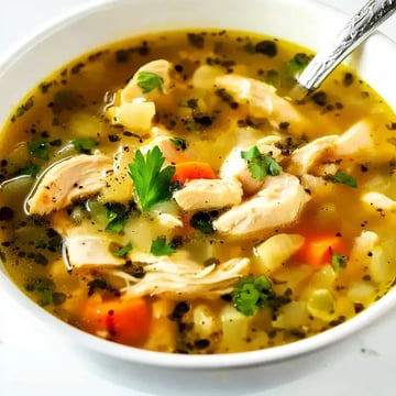 A bowl of chicken soup with shredded chicken, carrots, potatoes, and garnished with fresh herbs.