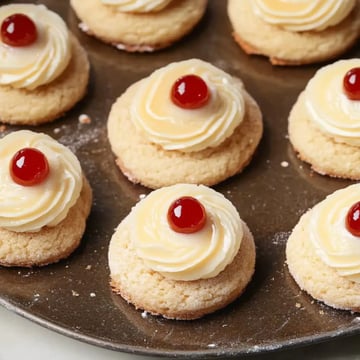 A plate of freshly baked cookies topped with swirls of cream and a cherry.